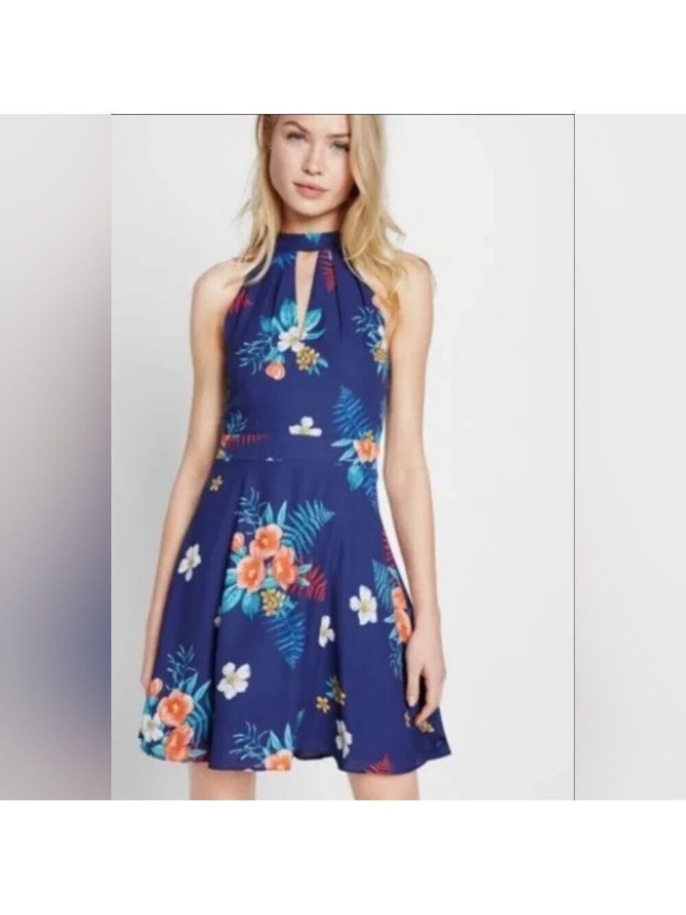 NWT EXPRESS floral Print Mock Neck, Fit &‎ Flare dress, size 14
